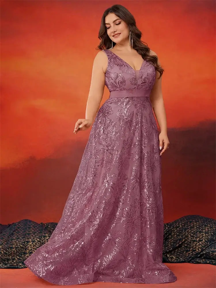 فستان سهرة كوكتيل بظهر على شكل حرف V مزين بالترتر للنساء بمقاسات كبيرة