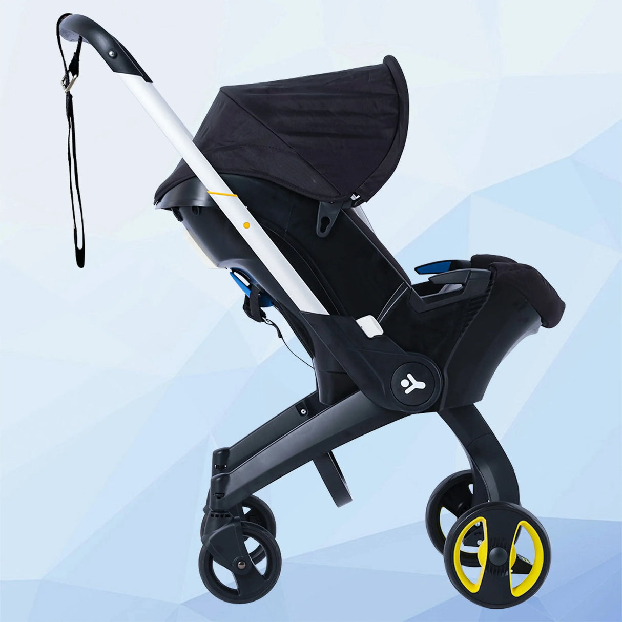 Foldable baby stroller in black with adjustable canopy, designed for infants up to 2 years, lightweight and portable.