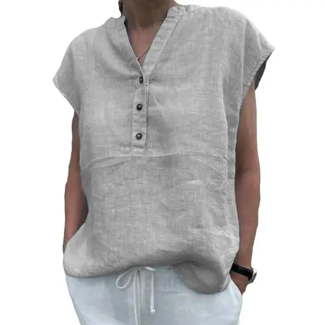 BreezyLuxe™ cotton linen V-neck blouse, lightweight, quick-dry summer top for juniors, casual style.