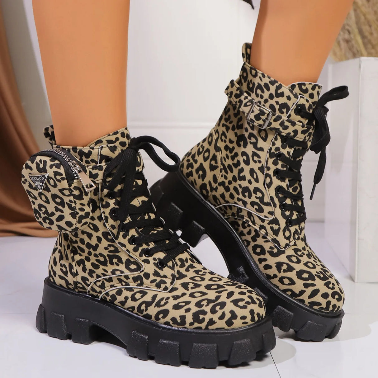 Women Leopard Print Ankle Boots – Winter High Heel Platform Shoes