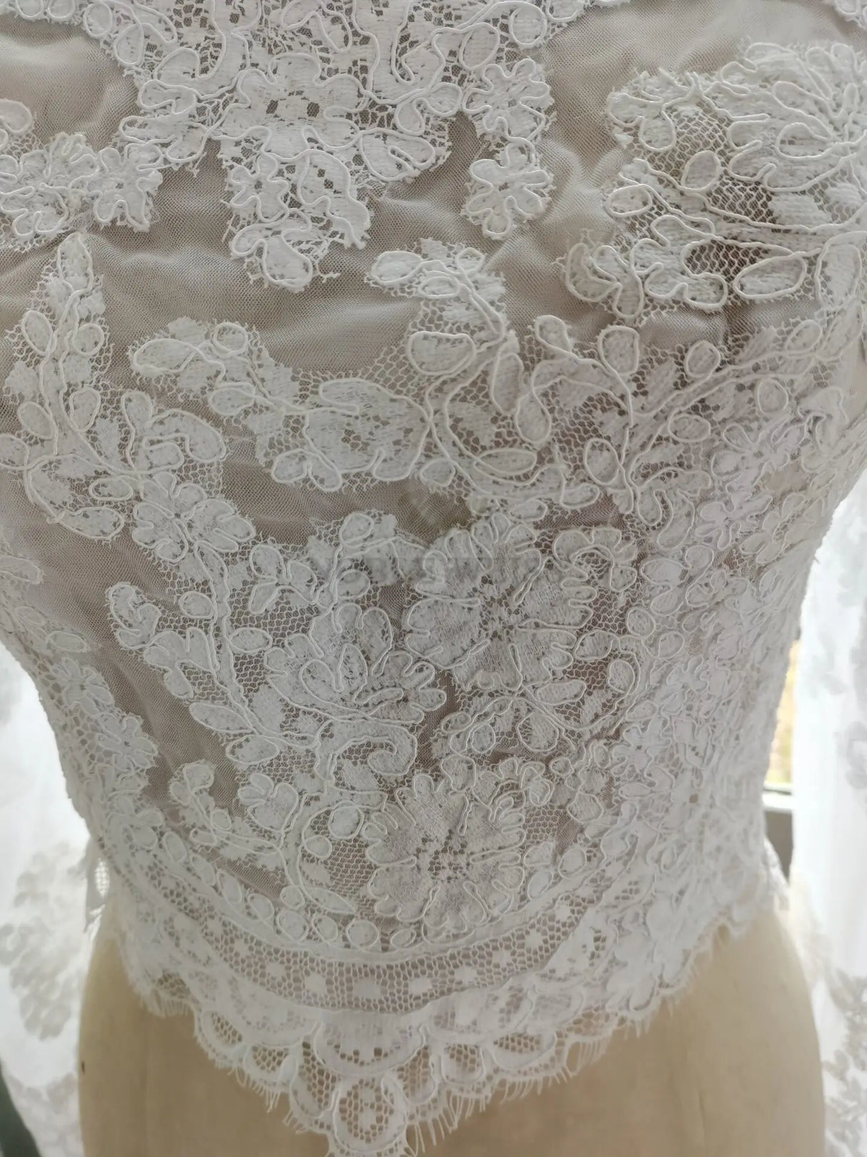 Detailed lace design of a bridal wrap jacket showcasing intricate floral appliques on a soft polyester fabric.