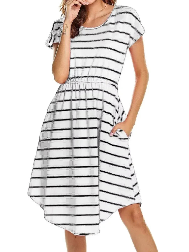 Striped multifunctional nursing dress with pockets, ideal for maternity and baby showers, knee-length and casual style.
