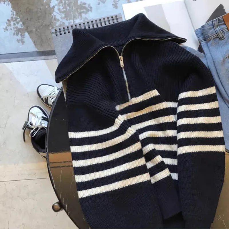 Women's Half Zipper Striped Sweater