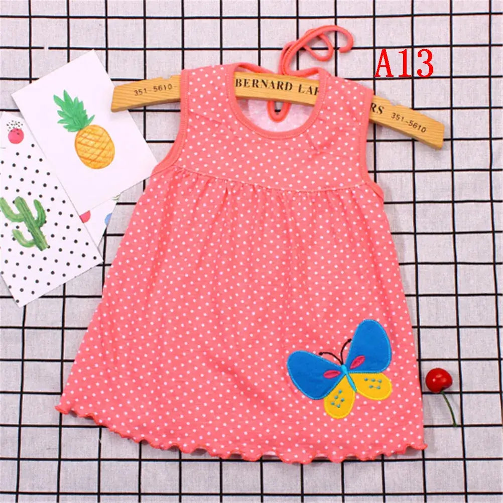 Cotton flower sleeveless dress for baby girls, featuring polka dots and a butterfly design, perfect for summer wear.