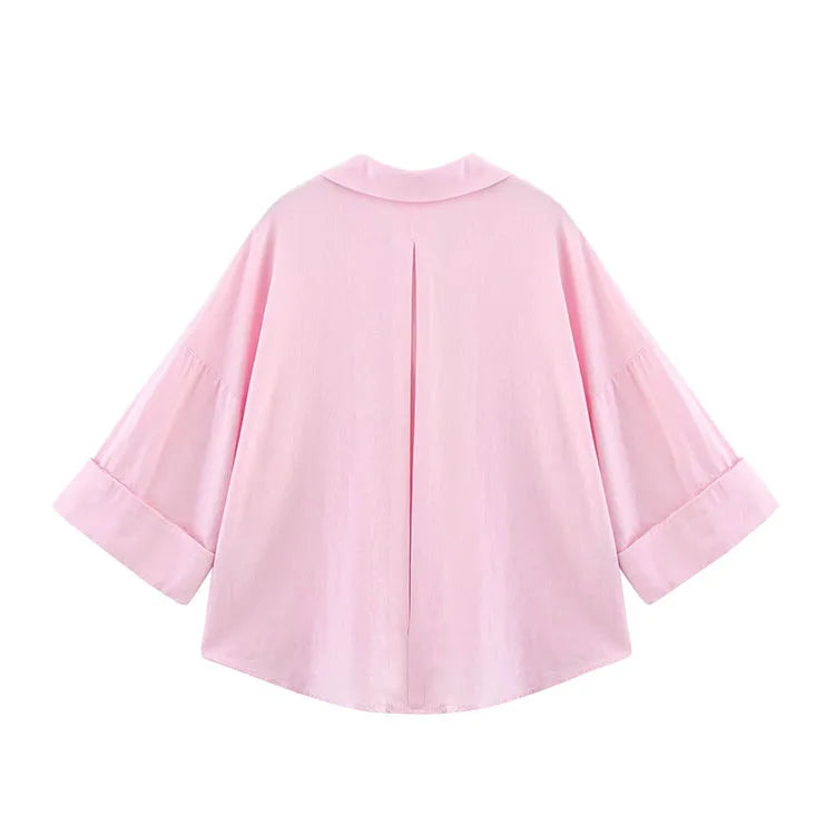AsymLinen™ wide sleeve linen shirt in pink, showcasing a back view with turn-down collar and loose fit.