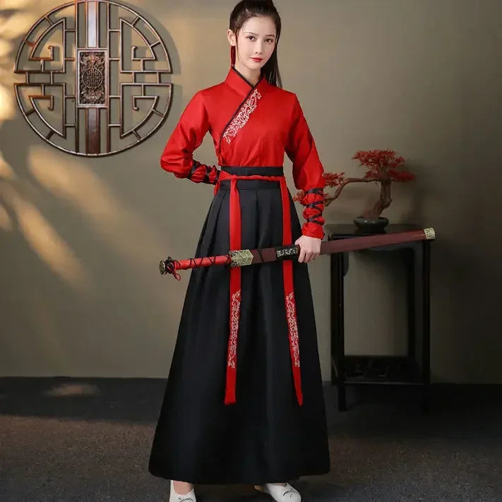 Elegant streetwear casual Hanfu dress featuring red and black design, perfect for unique cultural fashion styles.