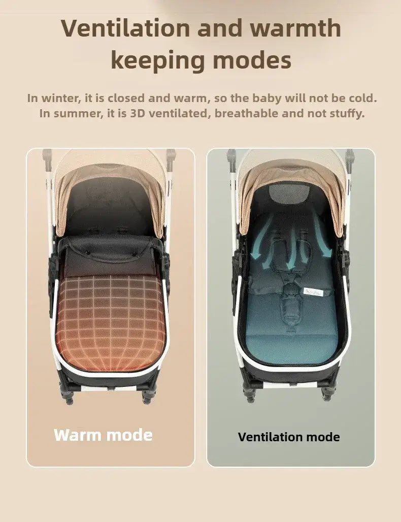 Lightweight baby stroller showing warm and ventilation modes for comfort in different seasons.