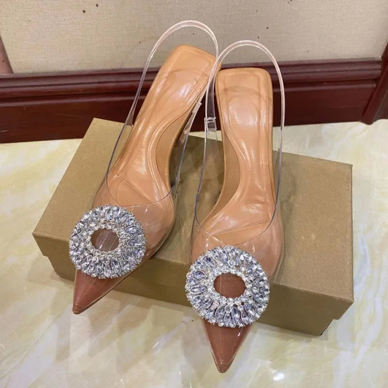 صنادل حفلات بكعب شفاف مرصع بأحجار الراين