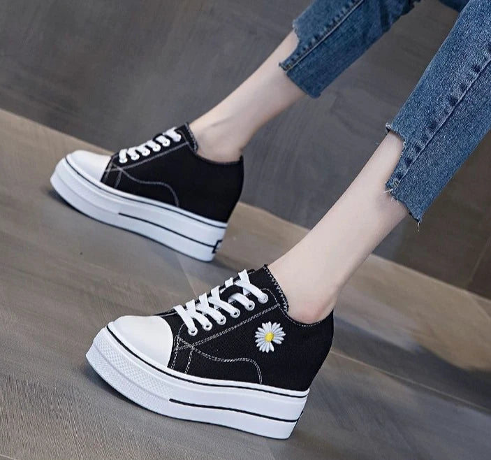 Women Canvas Shoes Black Platform Sneakers