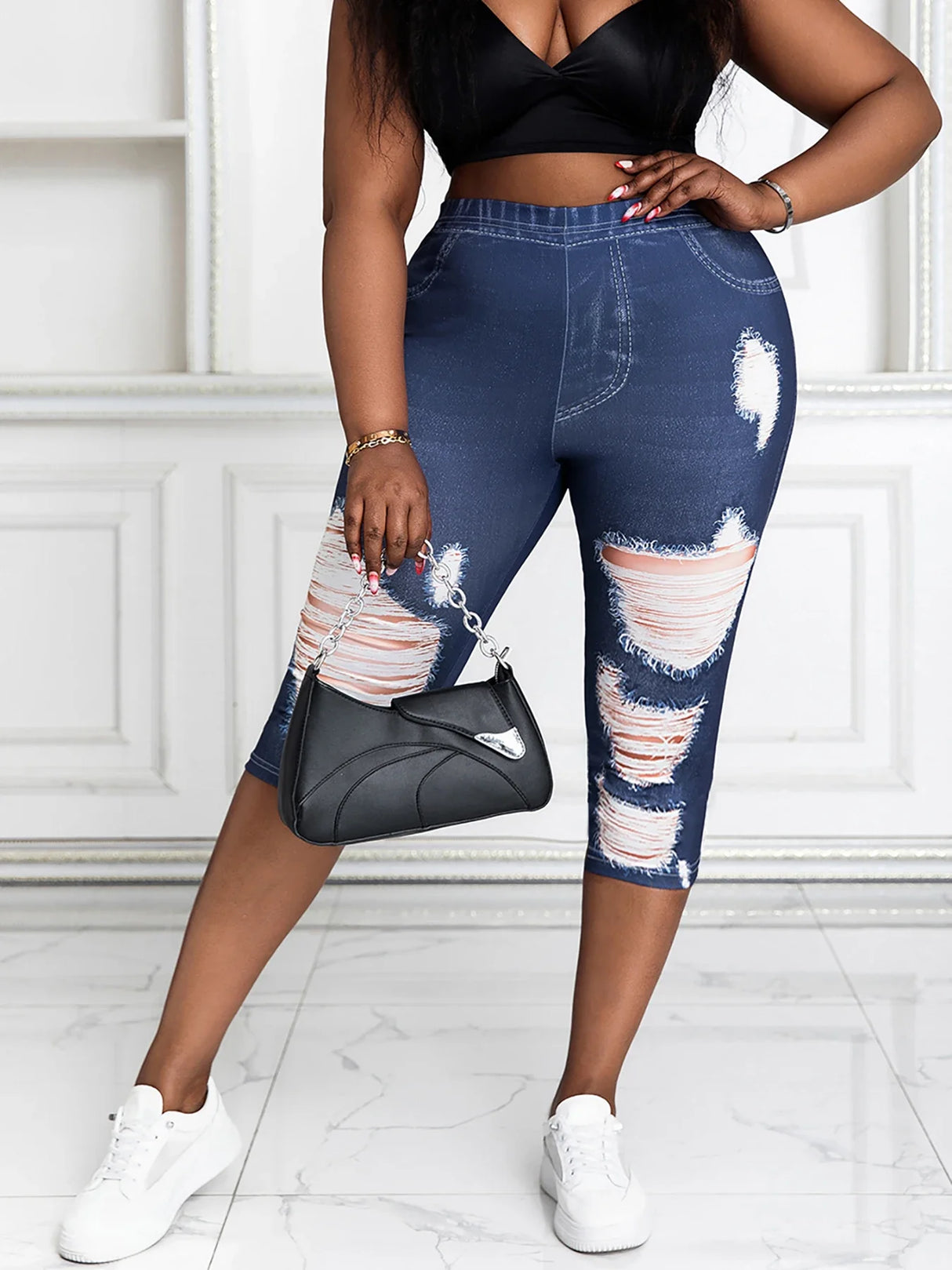 Women Plus Size Faux Denim Capri Pants