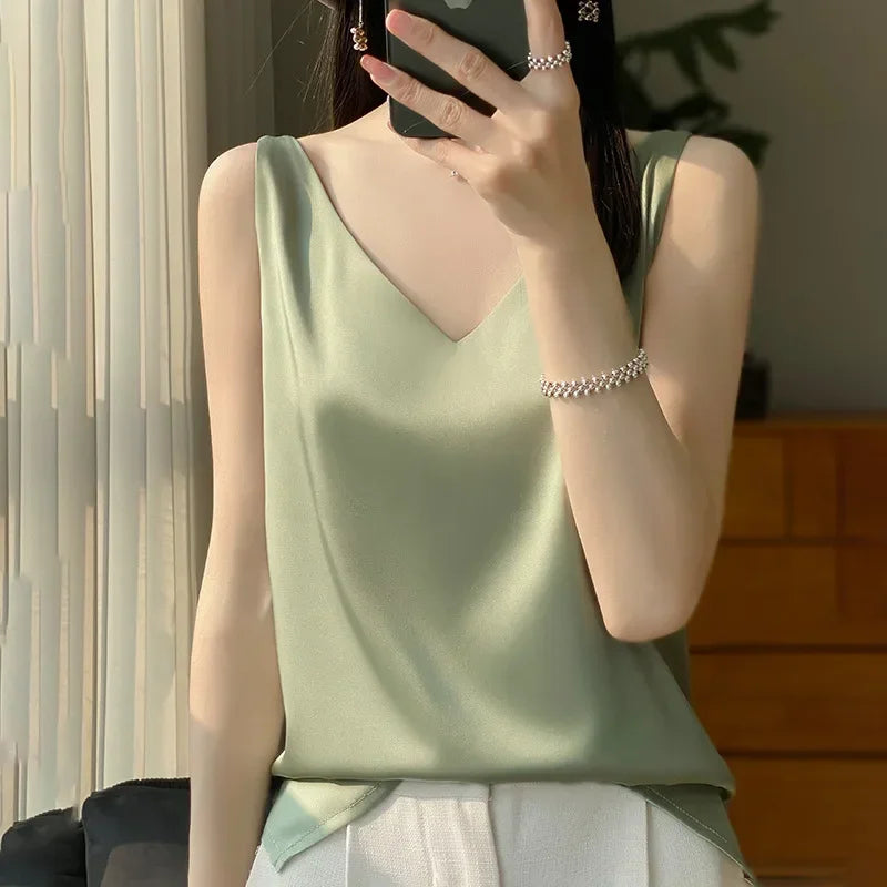 Ice Silk Satin V‑Neck Camisole Crop Top