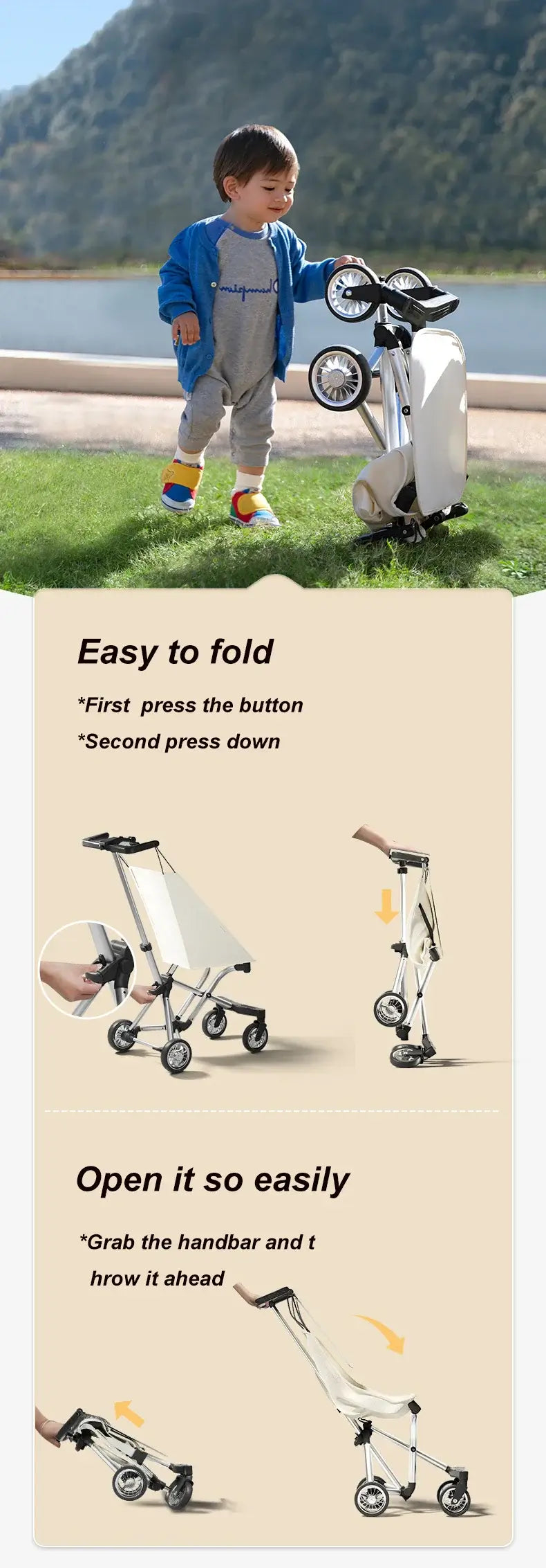 Lightweight travel stroller showing easy folding and unfolding instructions, ideal for parents with children aged 1-6 years.
