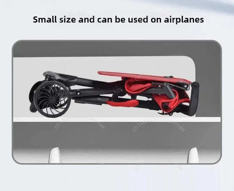 Lightweight baby stroller folded to fit in airplane overhead compartment.