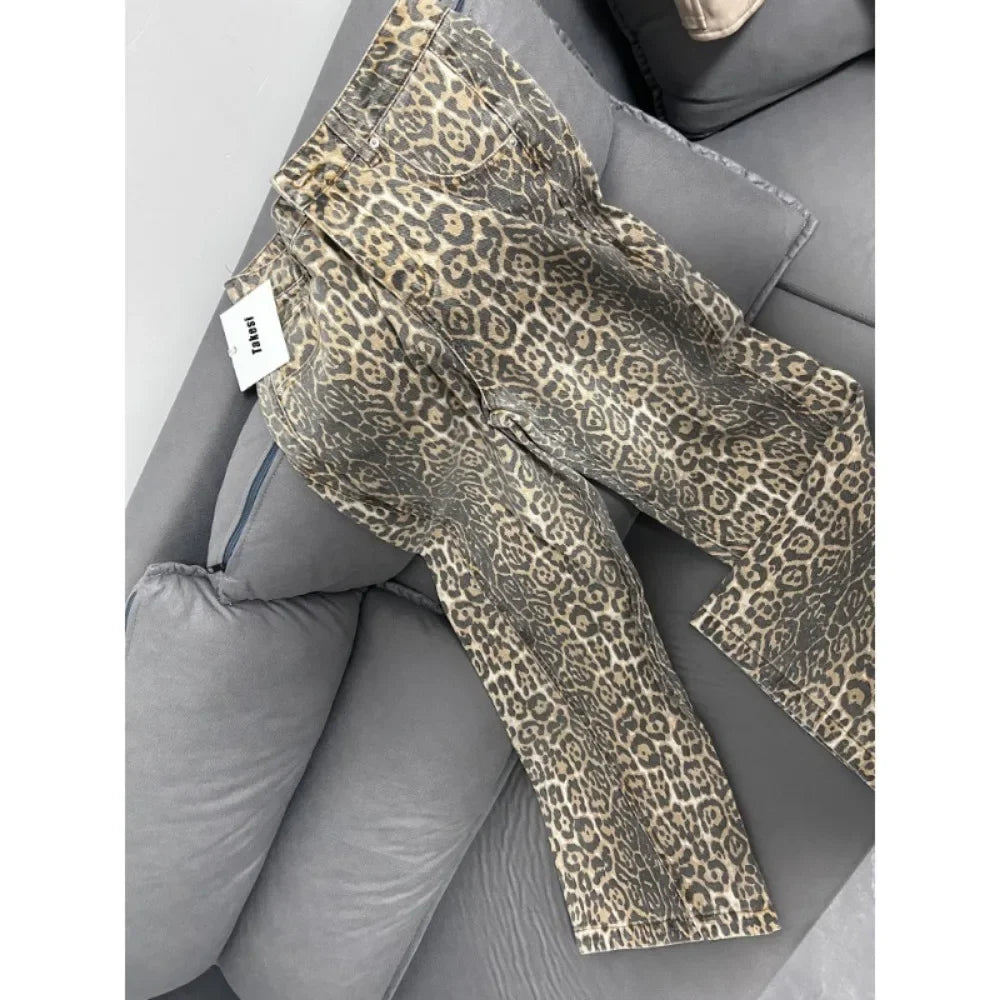 Leopard Print Retro Baggy Denim Pants