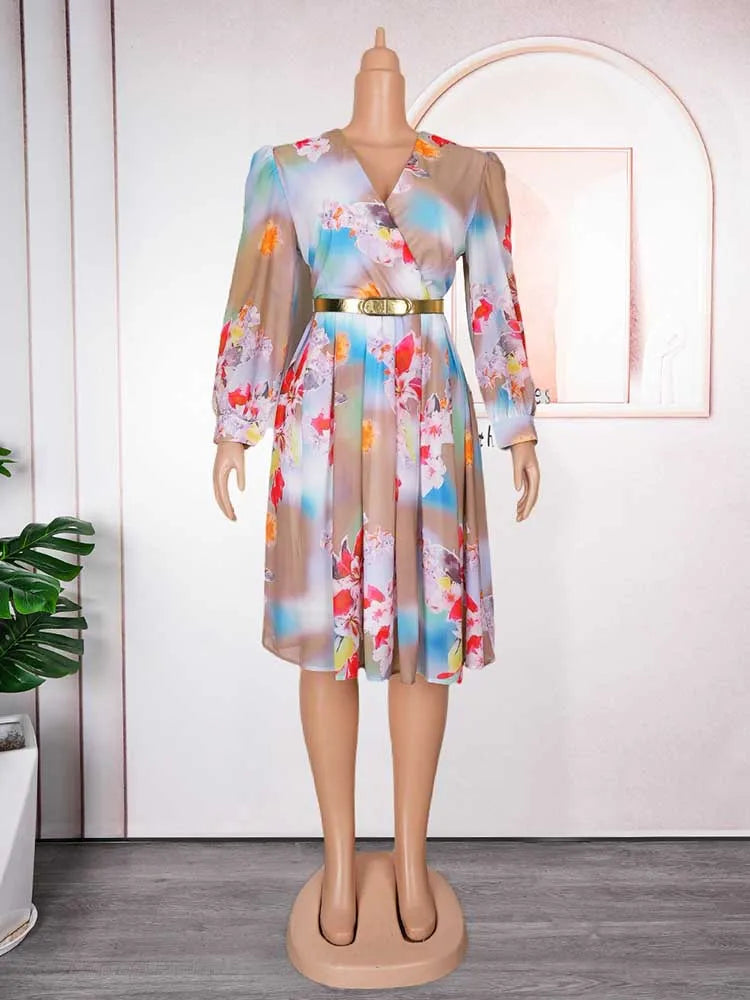 فستان نسائي من الشيفون المطبوع بفتحة رقبة على شكل حرف V