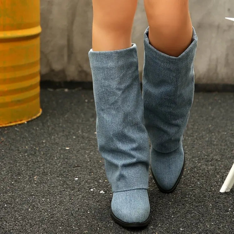 Women’s Knee High Cowboy Denim Boots 2025