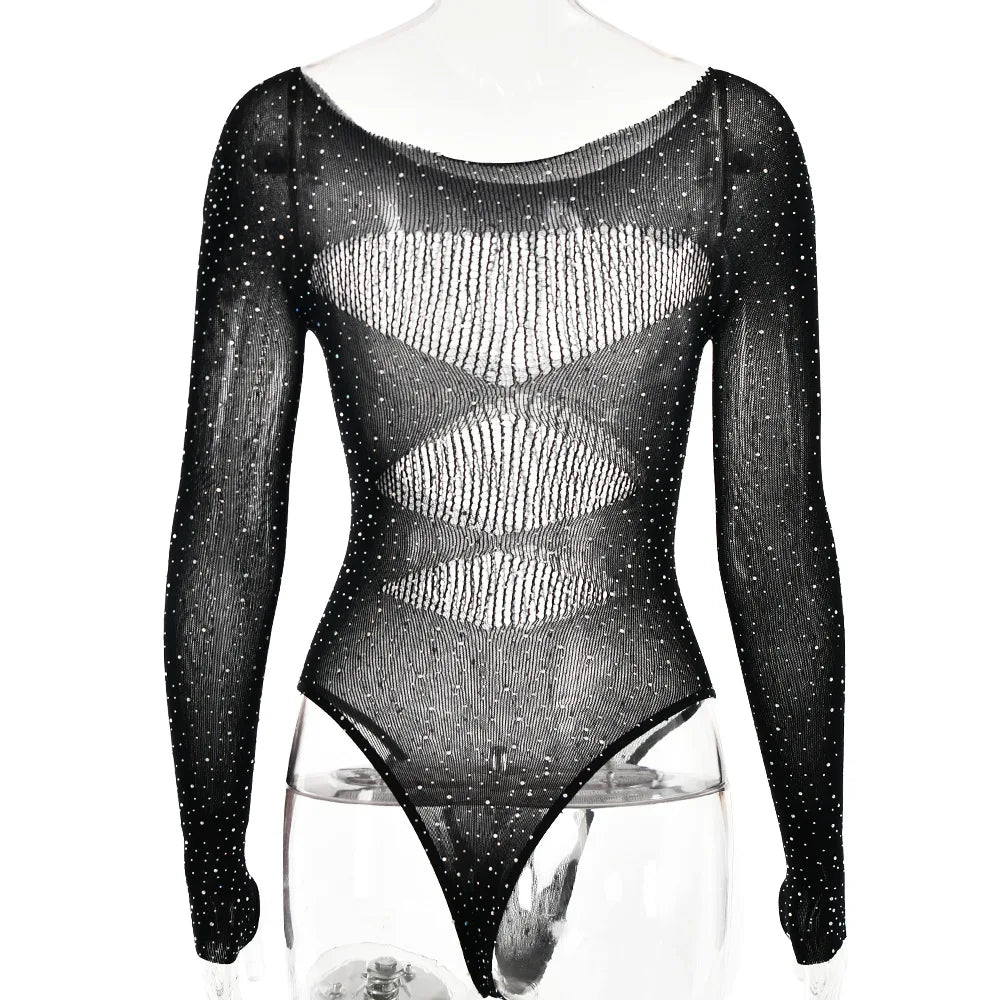 Women's Knitted Rhinestone Long Sleeve Bodysuit – Sexy Y2K Outfit