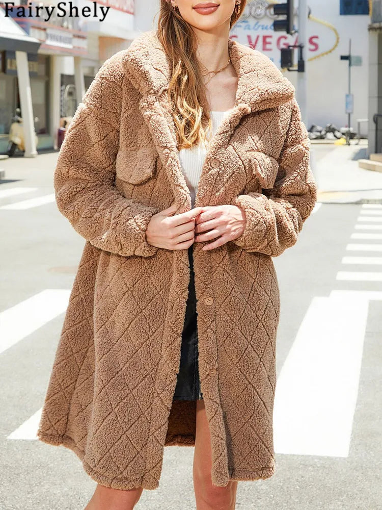 FairyShely Brown Puff Long Women's Winter Jacket – Plush Warm Coat