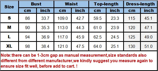 Size chart for Women's Fairy Hanfu dress including measurements for bust, waist, top-length, and dress-length.