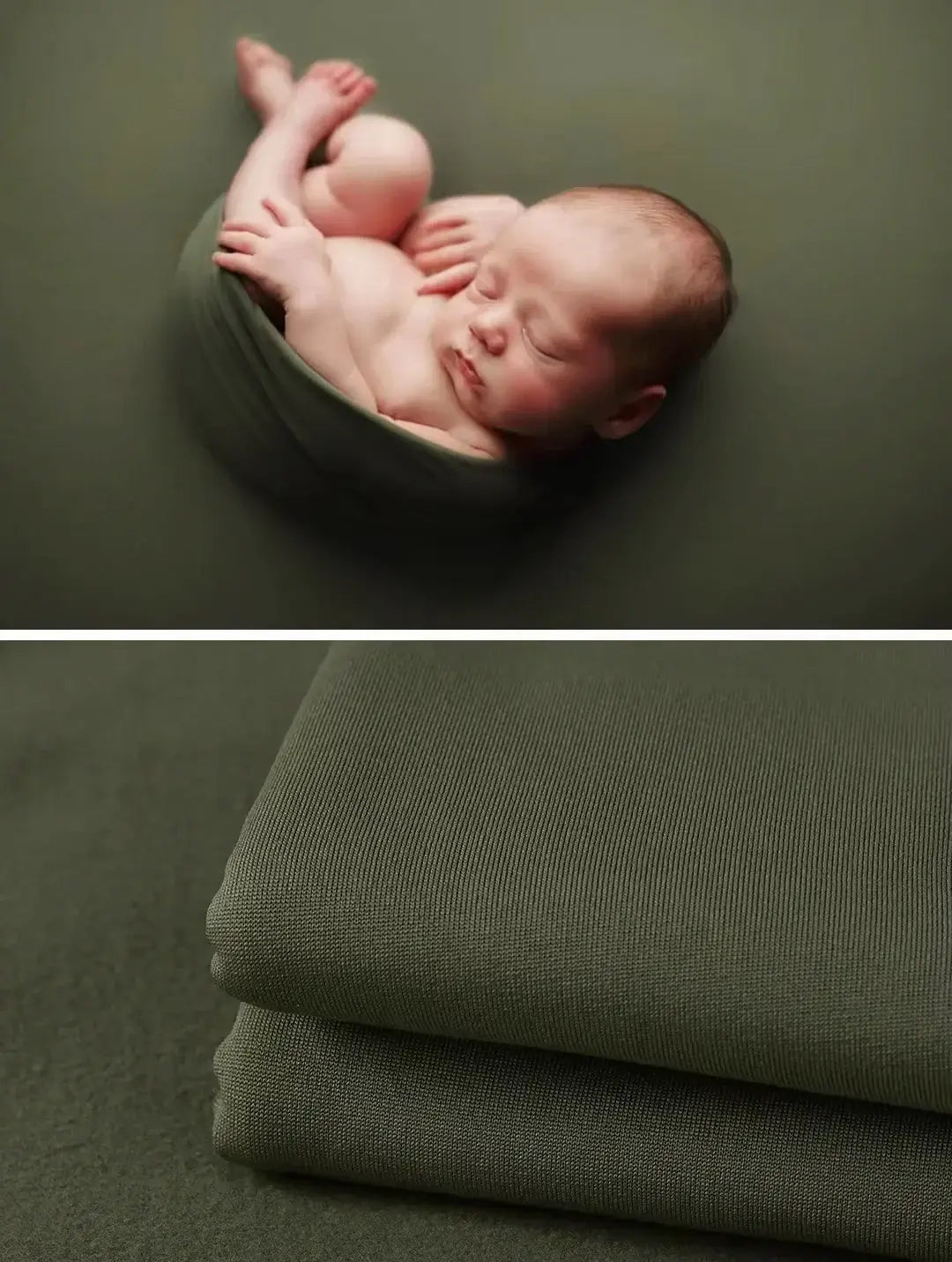 Newborn soft wrap blanket in olive green, ideal for baby photography and comfort. Available in 55 colors.