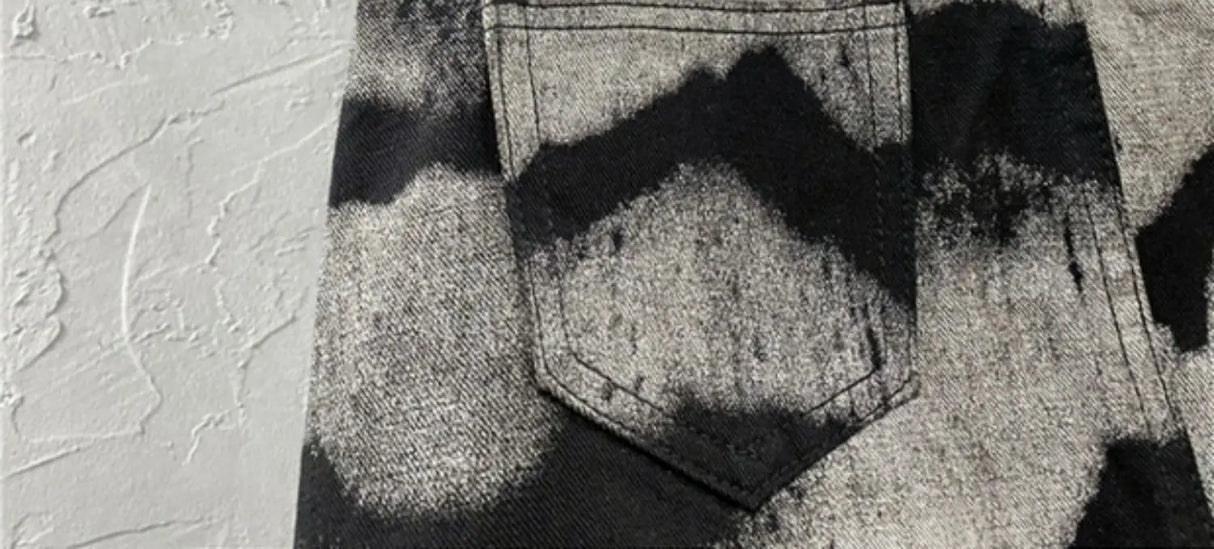 DyeDrape™ – Tie-Dye Short Denim Skirt (Black Gray, Fringed A-Line)