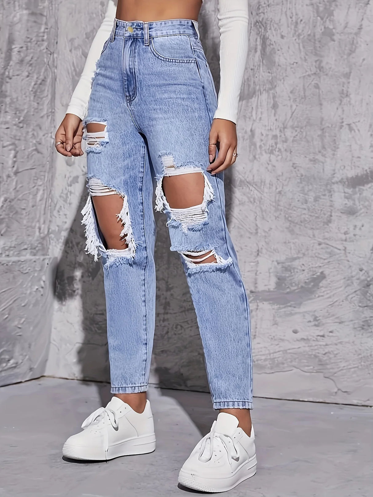 Women Retro Hole Wide-Leg Jeans