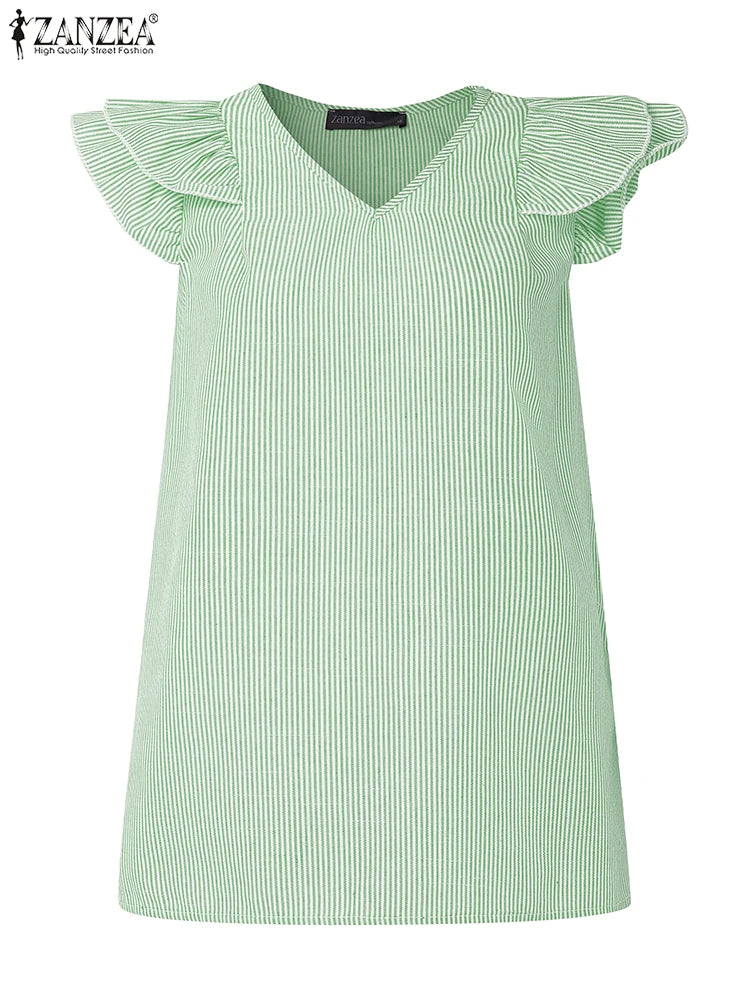 بلوزة نسائية مخططة بدون أكمام وفتحة رقبة على شكل حرف V