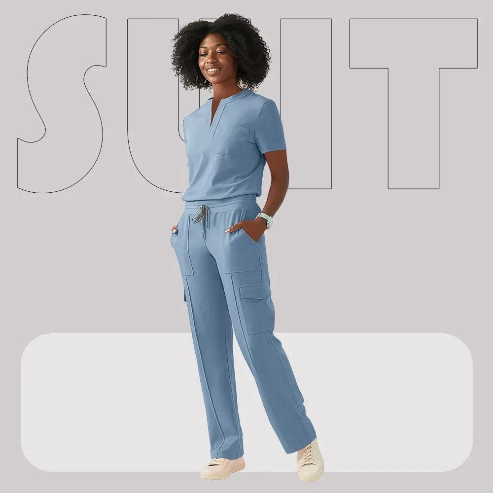 Women’s blue hospital scrub suit designed for healthcare and veterinary professionals, featuring comfortable fit and pockets.
