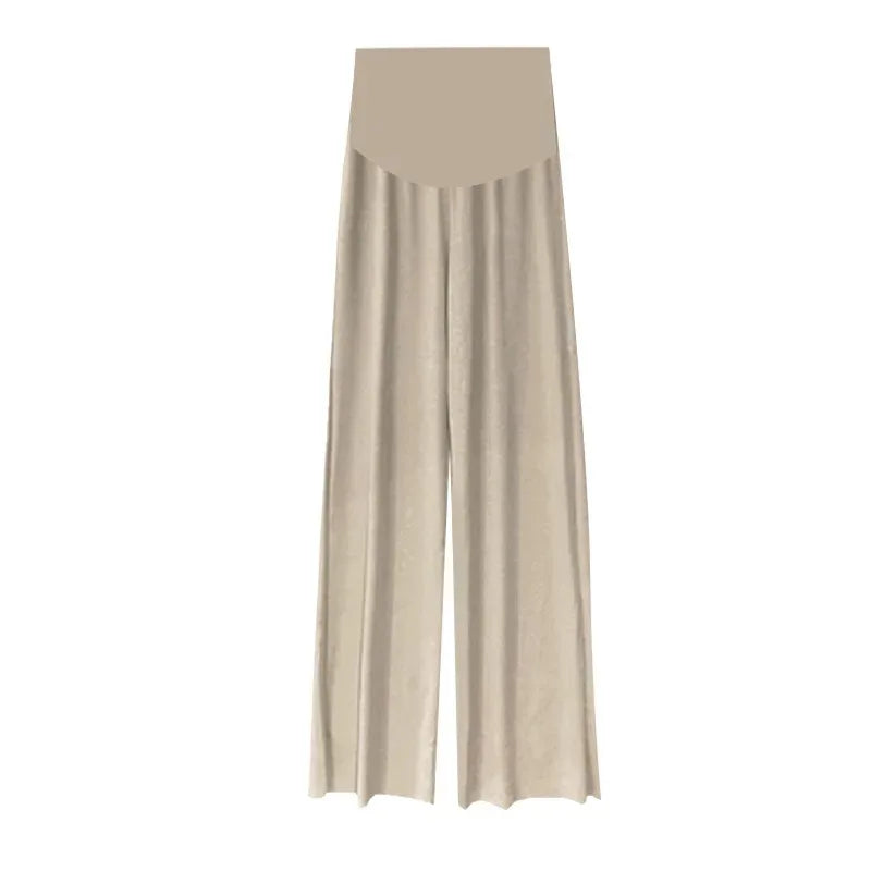 Ice silk pleated maternity pants in beige, featuring a loose fit and thin summer design, perfect for comfort during pregnancy.