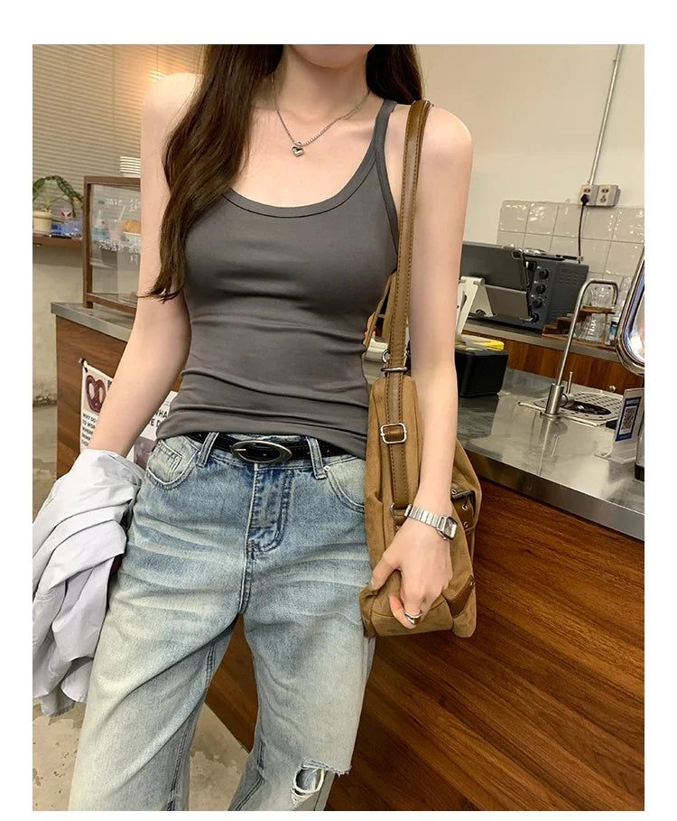 Basic Ribbed O-Neck Camisole Tank Top