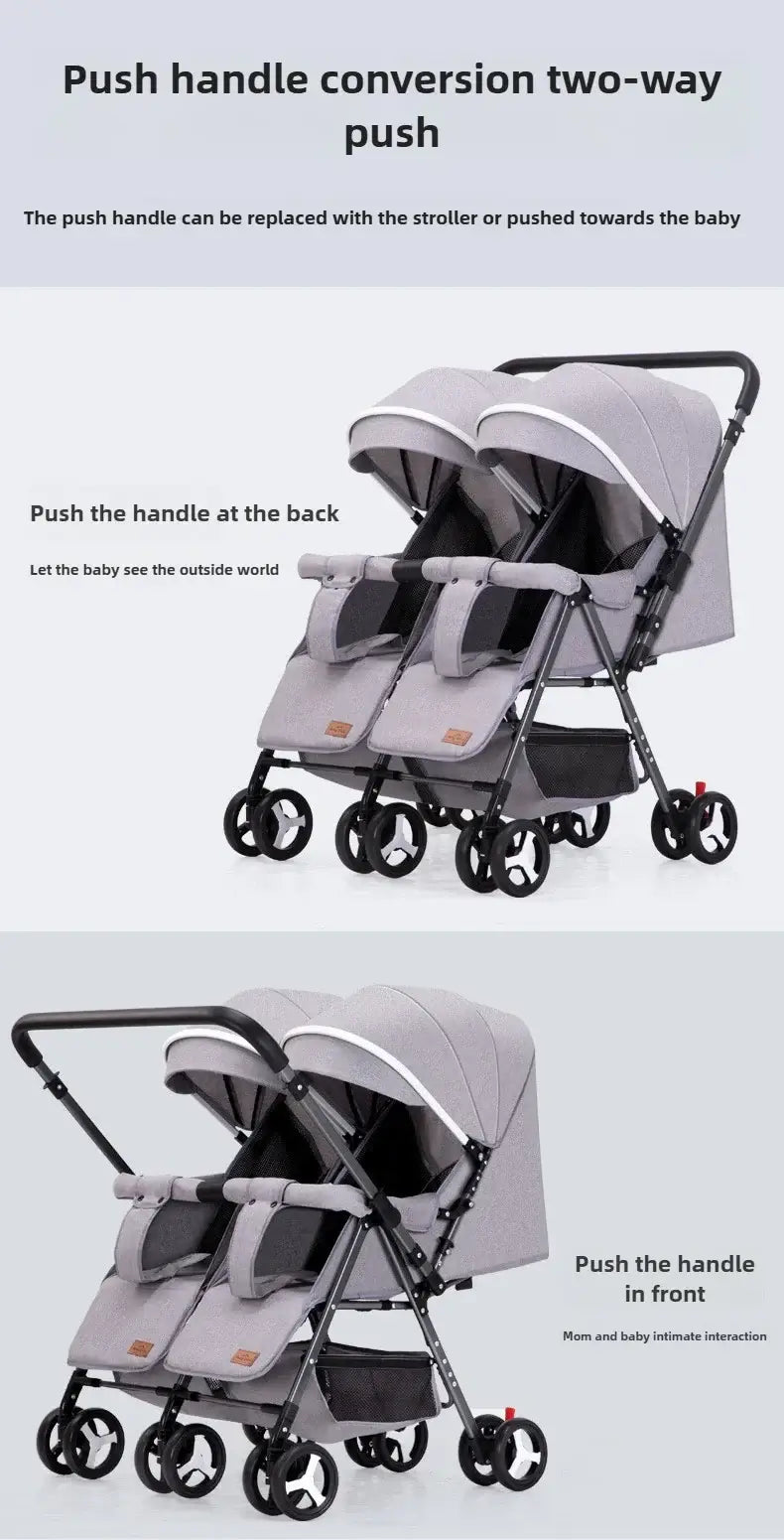 2025 Twin Baby Stroller showcasing two-way push handle versatility with front and back positions for enhanced functionality.