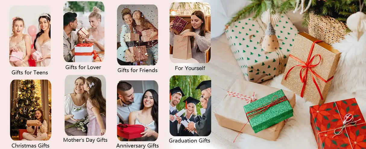 Collage of gift ideas for various occasions: Christmas, Mother's Day, anniversaries, graduations, and more.