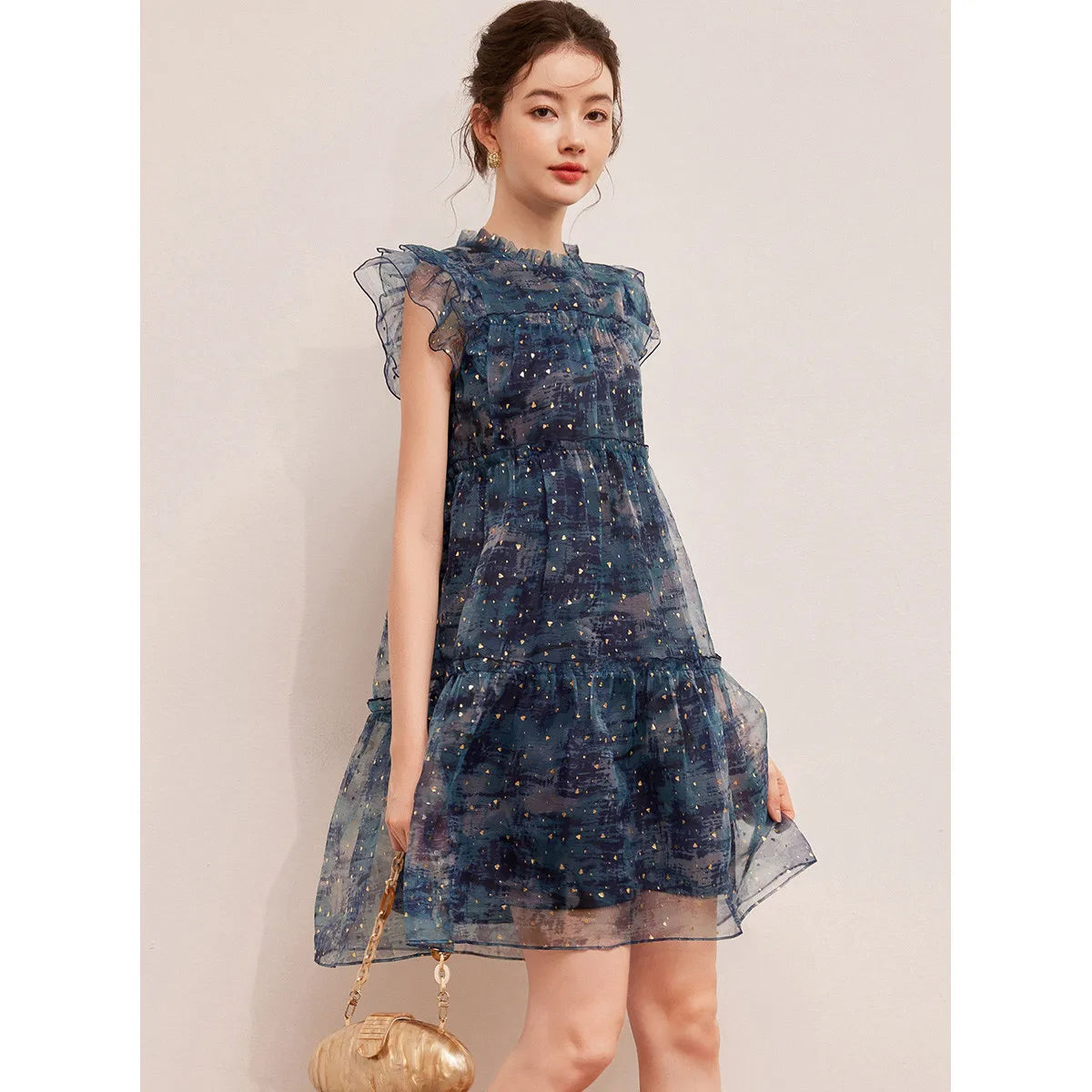 LOUIS YAO Sparkling Dress in blue with flounced edges, perfect summer outfit for women, designed for a regular fit.