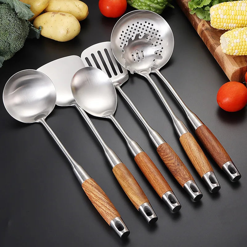 7-Piece Stainless Steel Utensil Set with Wooden Handle