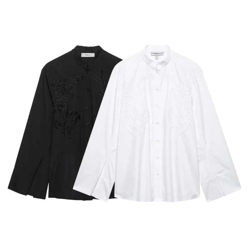 EmbroiChic™ elegant embroidery shirt in black and white, showcasing casual long sleeve Korean style for women.