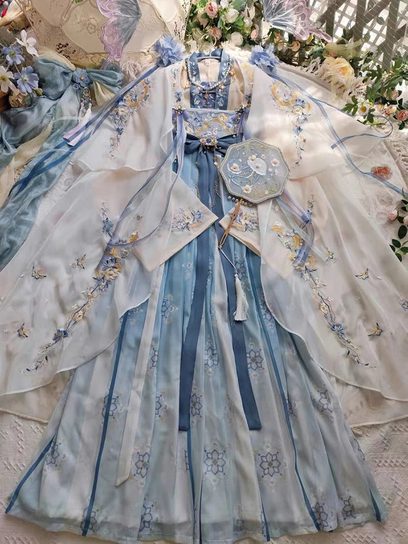Women's Fairy Hanfu summer costume featuring intricate blue floral designs and delicate layered fabrics.
