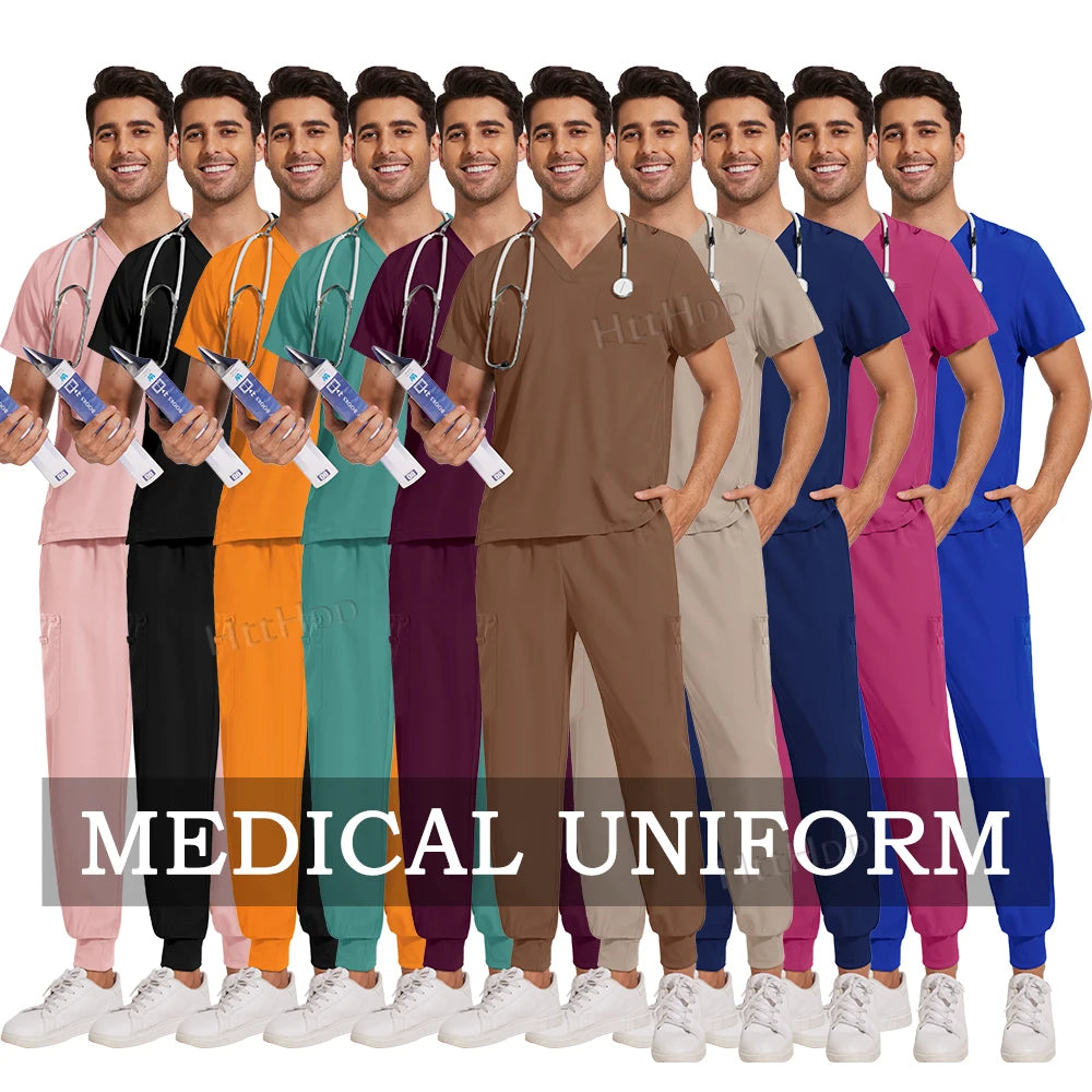 Unisex nurse surgical scrub suit jogger set in various colors, ideal for medical professionals and work uniforms.