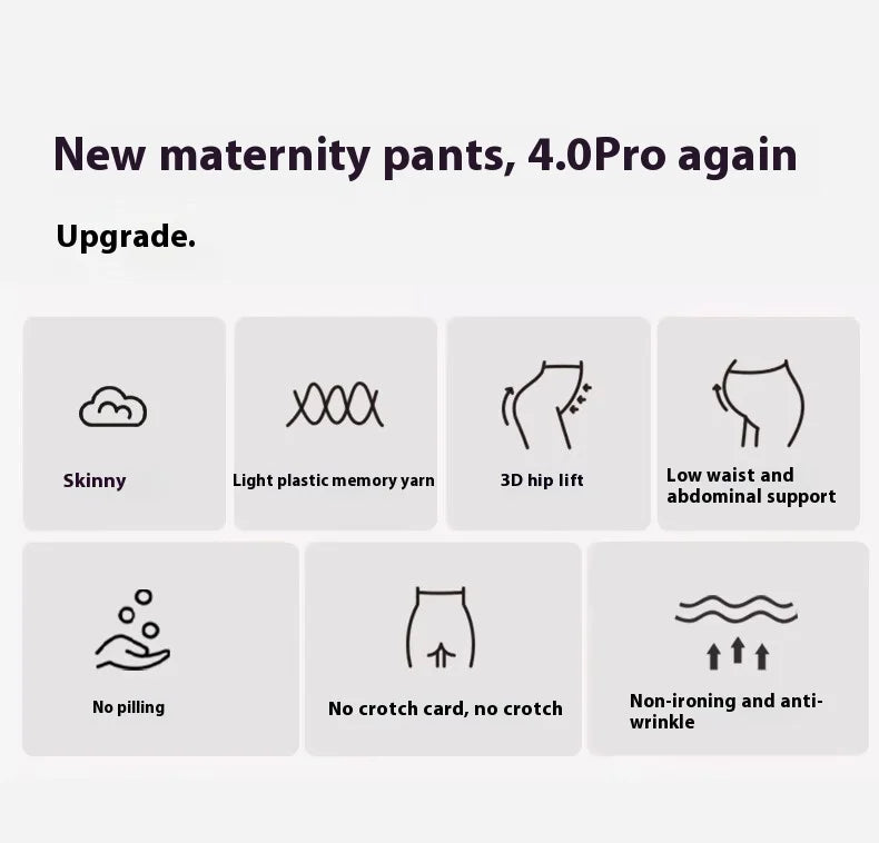 Features of new maternity pants including skinny fit, no pilling, and low waist support.