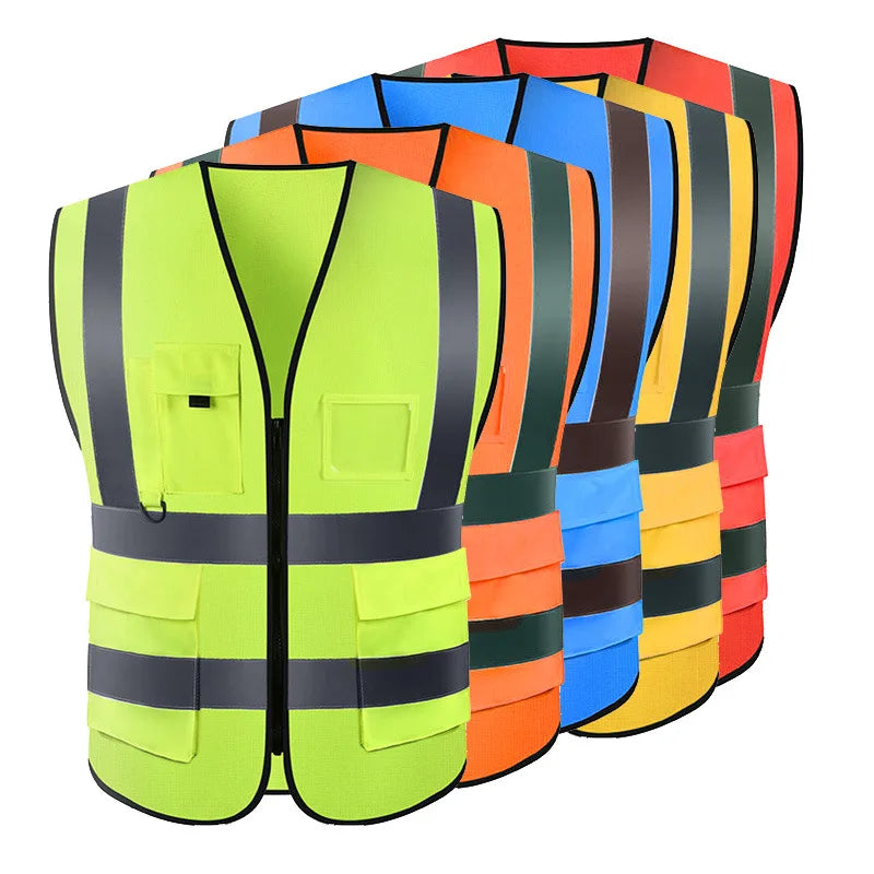 Colorful unisex multi-pocket safety vests, breathable workwear with reflective stripes for enhanced visibility and utility.