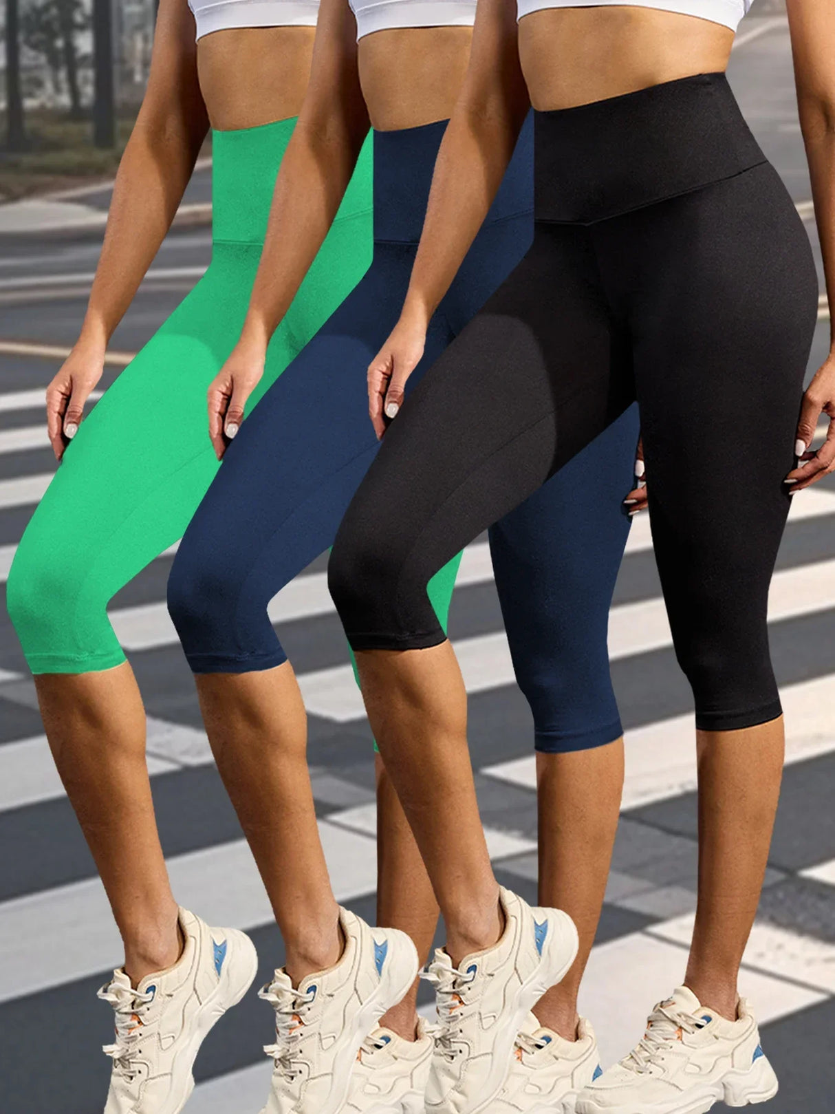 مجموعة من 3 بنطلونات يوجا كابري عالية الخصر للنساء