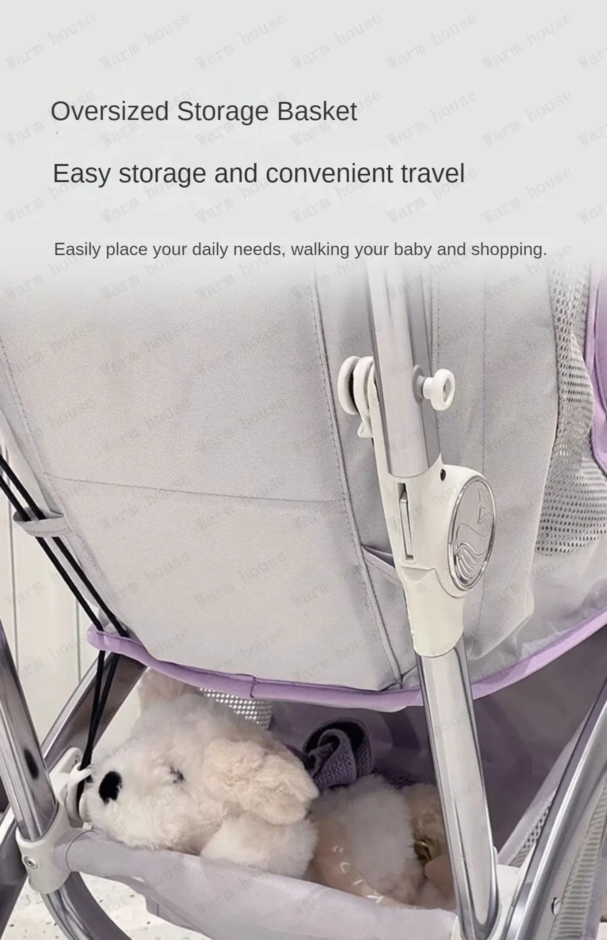 Lightweight children's stroller with oversized storage basket for easy travel and shopping.