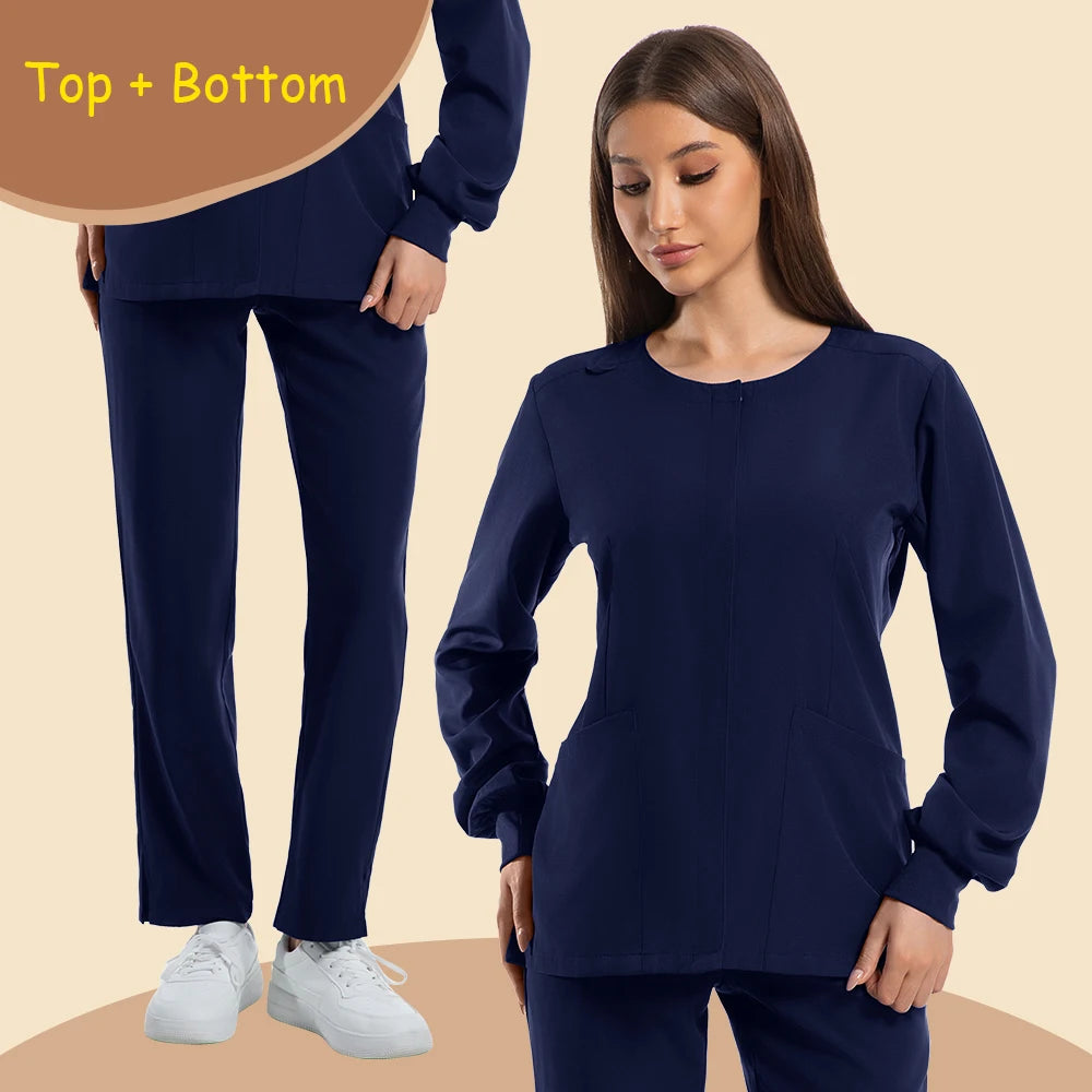 Women's long sleeve medical scrubs set in navy blue, featuring pockets, suitable for healthcare professionals.