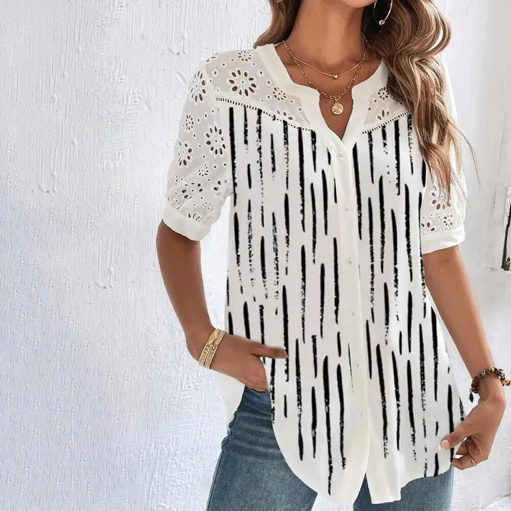 LaceMood™ Casual Lace Shirt - Elegant fit, loose short sleeves, black and white print, perfect for holiday styling.