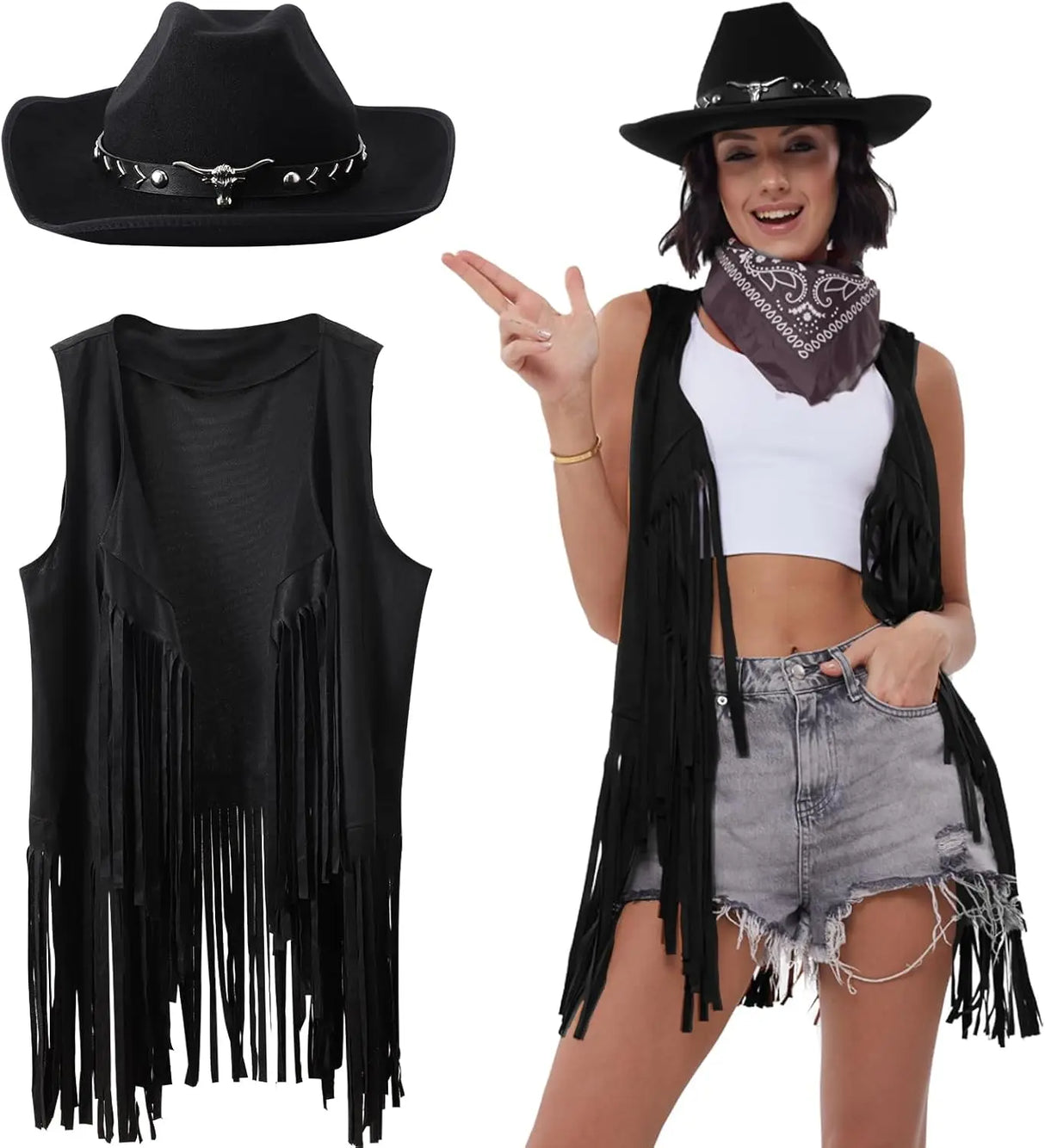 Cowgirl dressed in a black tassel vest and cowboy hat, showcasing a fun Western-themed outfit for women.