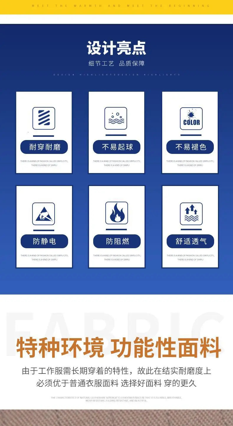 Graphic illustrating key features of a pure cotton anti-static flame-resistant welding suit.