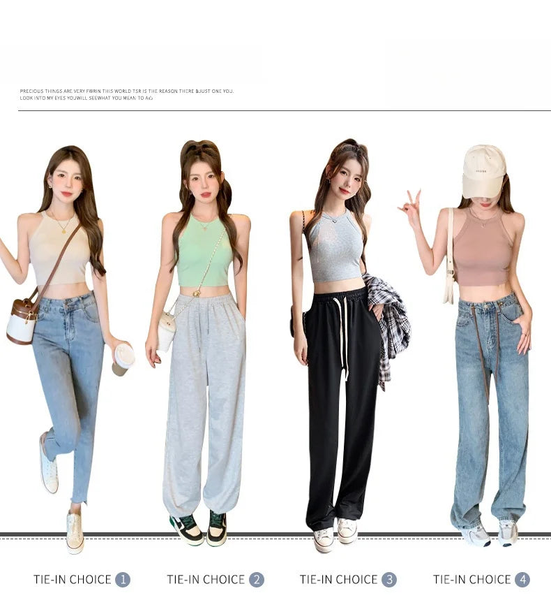 CotPad™ Knitted Beauty Back Camisole showcased in four stylish outfits with casual tank tops and baggy pants.