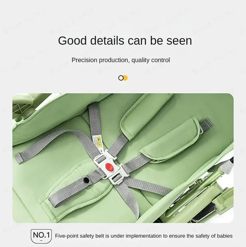 Close-up of five-point safety belt in a bi-directional baby stroller, ensuring safety and quality control.