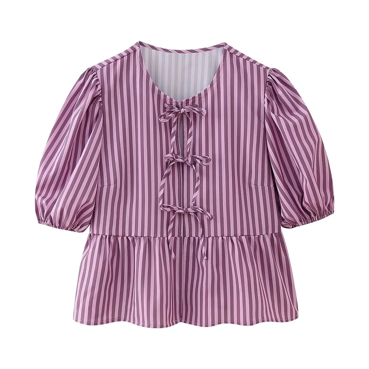 BowChic™ stripe lace-up blouse by TRAFZA, featuring short sleeves and a chic peplum design.