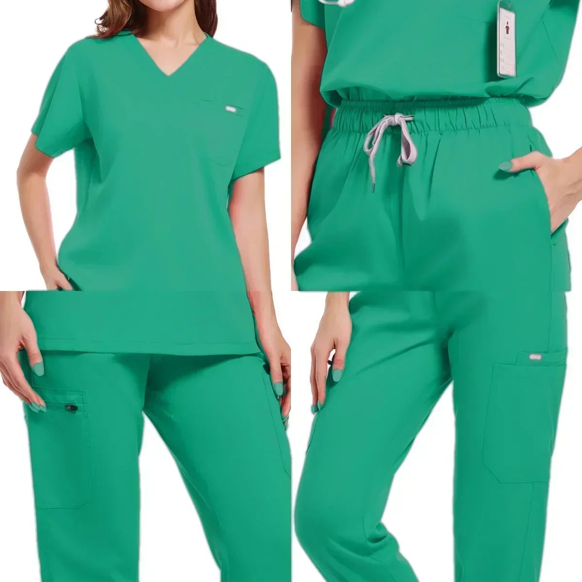 Breathable teal medical scrub sets for women featuring short sleeves and elastic waist pants, ideal for healthcare settings.