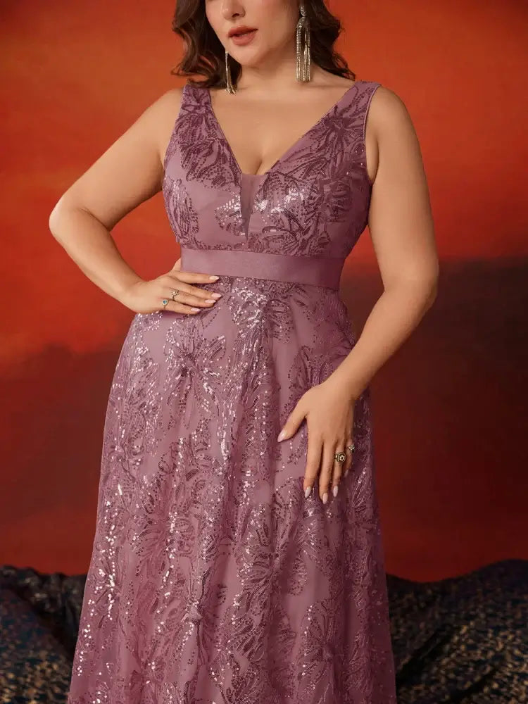 فستان سهرة كوكتيل بظهر على شكل حرف V مزين بالترتر للنساء بمقاسات كبيرة